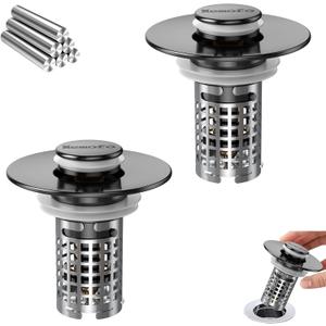 Bathroom Sink Drain Strainer, Stainless Steel Pop-up Strainer Basket Hair Catcher with Removable Basket, Brass Bullet Core, Universal Fit 1.1-2.36 Inch (Matte Black (2PCS))