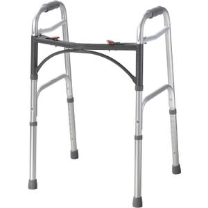 Drive Medical 2-Button Standard Foldable Walker for Seniors & Adults - Adjustable Legs - Lightweight Aluminum Construction - 350 Lb Weight Capacity - Basic Walking Aid - Silver
