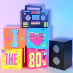 Amyhill 6 Pcs Large 80s Party Decorations Hip Hop Favor Set Paper Party Boxes Novelty Disco Theme Decoration for Retro 1980s 1990s Theme Birthday Neon Disco Music Supplies