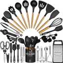 Kitchen Utensils Set- 34PCS Silicone Cooking Utensil with Holder, Umite Chef Heat Resistant Kitchen Spatula Set for Nonstick Cookware, Black Wooden Handles Kitchen Gadgets Tools Set