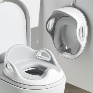 Potty Training Toilet Seat, Toddler Toilet Seat Attachment with Safety Handles, Detachable Soft Cushion, Anti-Slip Design and Splash Guard, Baby Toilet Seats for Kids, Boys and Girls (Grey)
