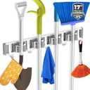 Broom Holder Wall Mount Mop and Broom Hanger Wall Mounted Garage Storage Rack Kitchen Garden Tool Organizer (4 Racks with 5 Hooks, Silver) (1 Pack 4R5H)