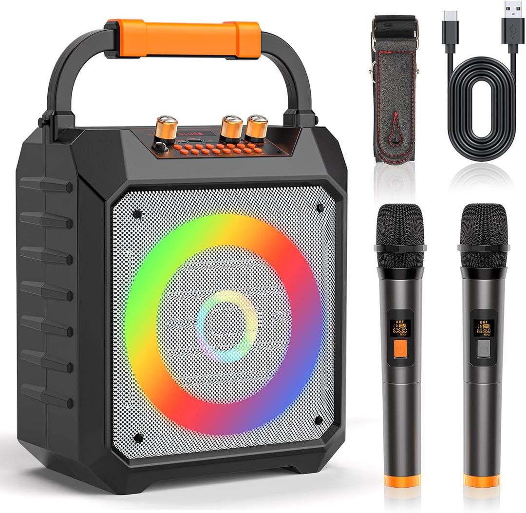 Bluetooth 5.4-Portable Karaoke Machine for Adults with 2 Wireless UHF Microphones, 7 Dynamic Lights Mode Speaker Coaxial PA System,Supports TF/SD/USB,AUX in,FM,REC-Upgrated Sound Quality (168-white)