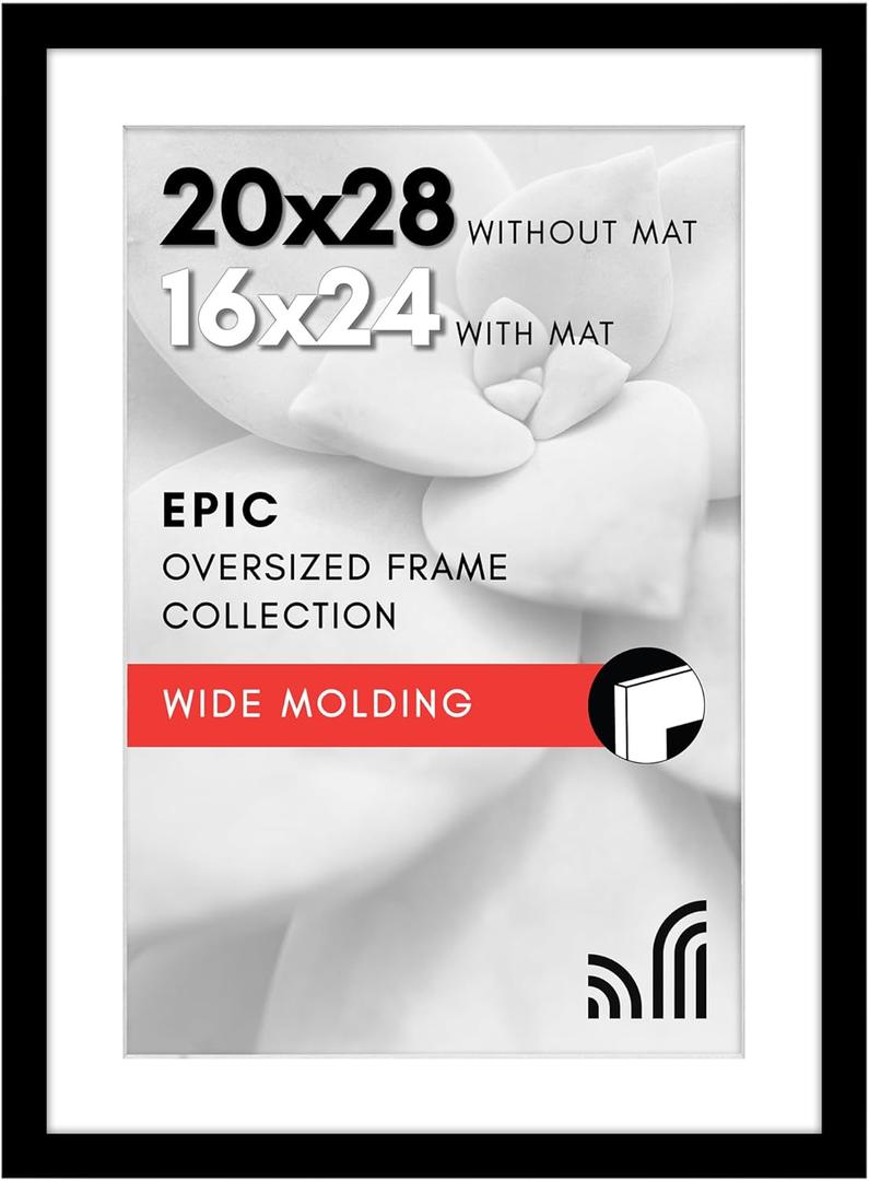 Americanflat 20x28 Picture Frame with Polished Plexiglass - Use as 16x24 Frame with Mat or Display 20x28 Photo Without Mat - Epic Collection - Wide Picture Frames for Wall Display - Black