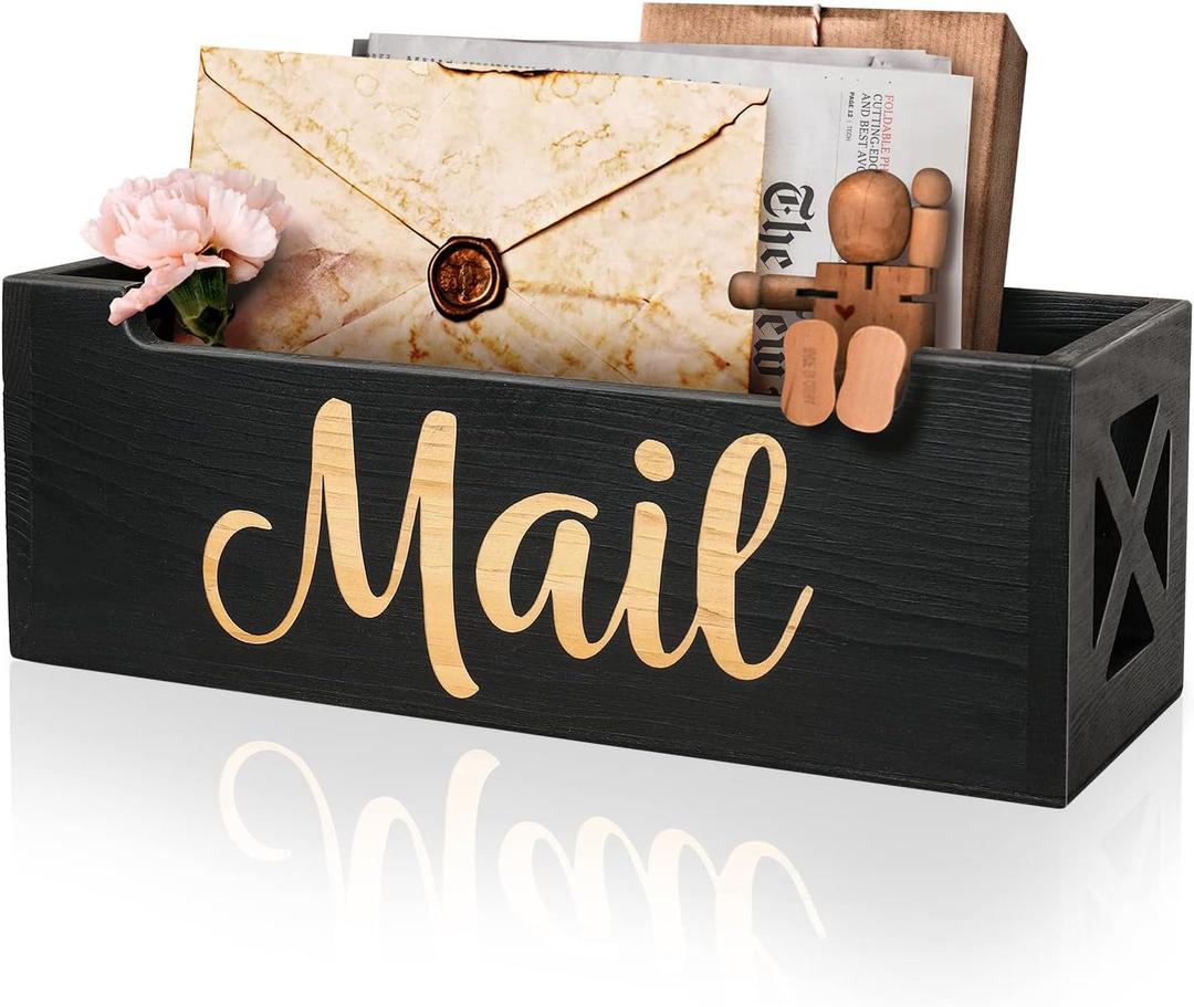 Mail Organizer Mail Holder Countertop, Rustic Wooden Mail Basket Mail Tray Letter Holder Box for Desk Home Office Wall Mount (Black)