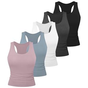 Dalavch 5 Pack Women's Workout Racerback Tank Tops Spandex Yoga Athletic Running Gym Sports Crop Tops for Women No Built-in Bra 1 Black 1 White 1 Heather Grey 1 Pink 1 Blue, Large
