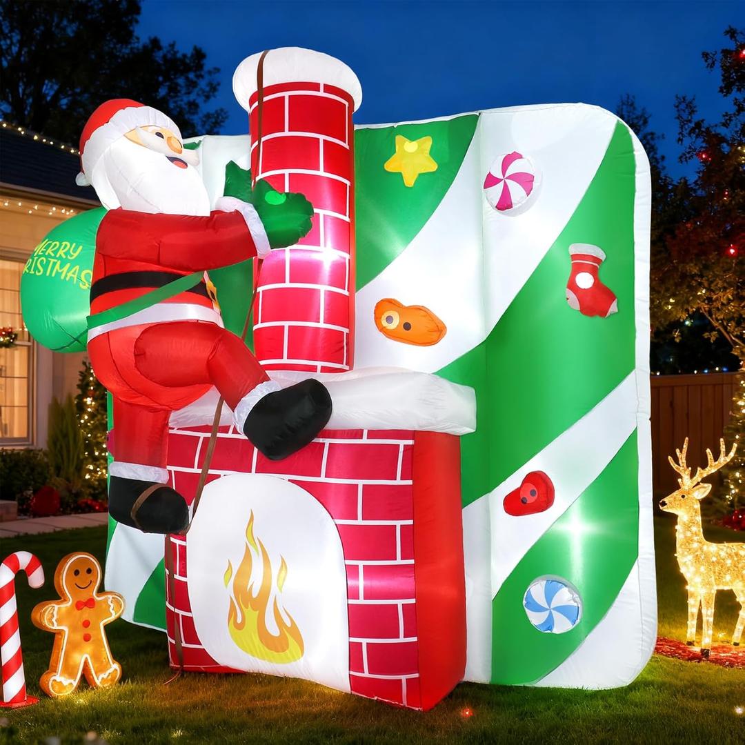 Christmas Santa Claus Inflatables Outdoor, 8FT Inflatable Santa Claus Climbing The Chimney with Gift Bag, Xmas Blow up Yard Decorations with Built-in LED Lights for Indoor Outdoor Home Garden Lawn