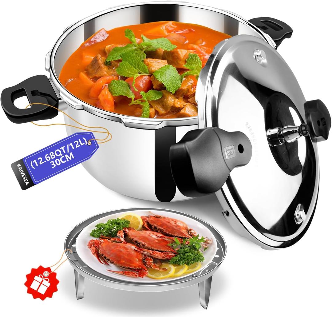12.68QT Stainless Steel Pressure Cooker, Heavy Duty Food Grade Pressure Canner with Safety Valve & Heat-Resistant Handle, Compatible with All Stovetops for Home Cooking & Canning
