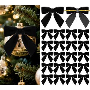 Glitinsel 30 Pcs Velvet Bows for Christmas Tree, Pre-Tied Christmas Bows with Twist Ties & Adhesive Dots Vintage Xmas Decor for Garland Wreath Gift Packaging(3 x 3 Inch, Width of 1",Black)