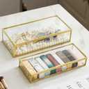 Glass Jewelry Box Set, 2pcs Vintage Rectangle Gold Keepsake Boxes Lipstick Organizer Box Vanity Lidded Box Home Decor Accent Decorative Box for Storage Trinket Rings Bracelet1