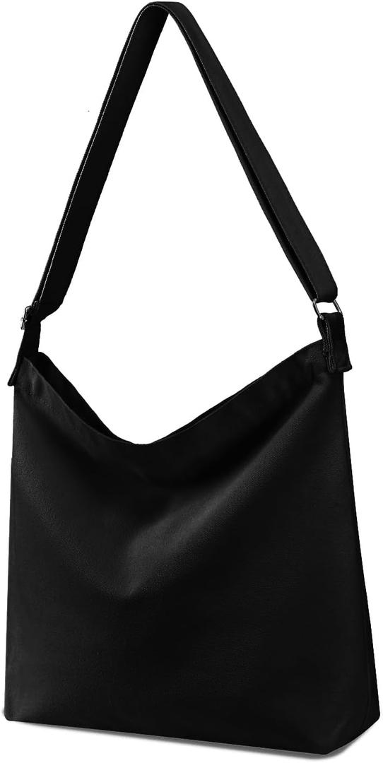 Women's blank large Size Canvas Crossbody Tote Handbags Shoulder Bag (Black)