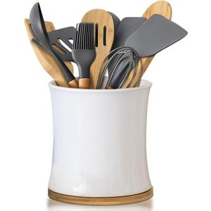 Comfify Large Ceramic Kitchen Utensil Holder with Bamboo Base - Modern Utensil Crock for Countertop Organization - Kitchen Counter Organizer for Cooking Tools, Spatulas, Spoons & More - White Ceramic