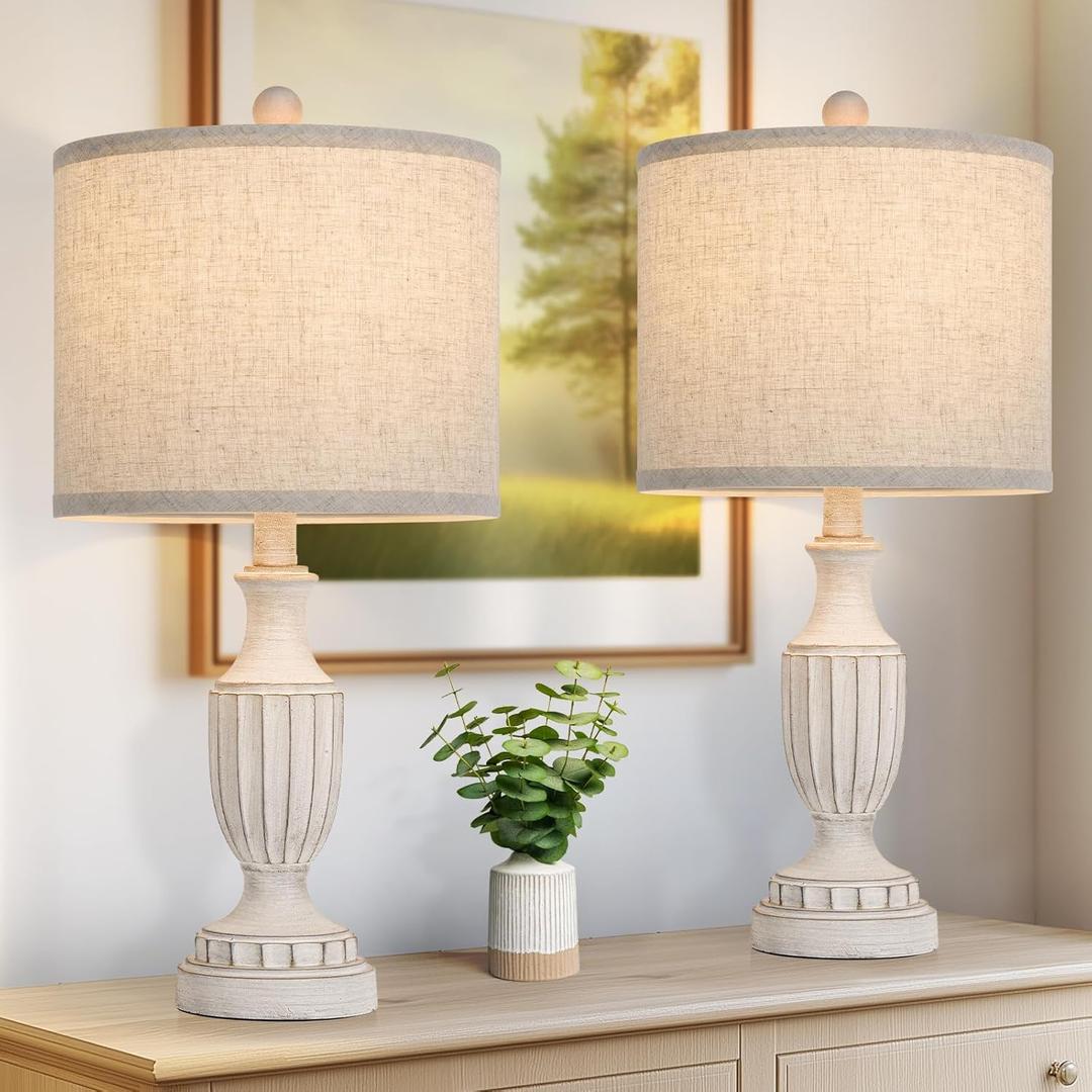 TOBUSA 22 Farmhouse Table Lamps Set of 2, White Rustic Vintage Table Lamps for Living Room Bedroom, Antique Bedside Desk Lamps with Linen Shade, Traditional Resin Nightstand Lamp Sets for End Table