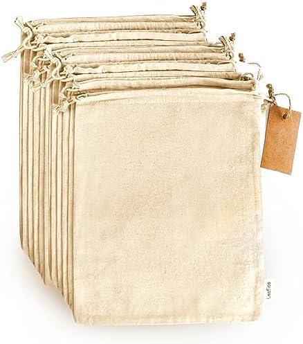 LEAFICO Multipurpose Eco Cloth Bags - Large 10x12 Inch (12 Pack) - Cotton Produce Storage Sacks - Muslin Drawstring Pouches for Vegetables - Bread Bags - Linen Fabric Sachets