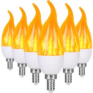 E12 LED Flame Light Bulbs, 3 Modes Flickering Light Bulbs, Candelabra Candle Fire Light Bulb for Home Party Patio Indoor Outdoor Halloween Decorations (6 Pack) (Yellow)