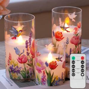 Glass Flameless Candles with Remote, Hummingbird Floral Battery Operated Candles, Flickering LED Pillar Candle for Wedding, Home, Party Gift, Set of 3