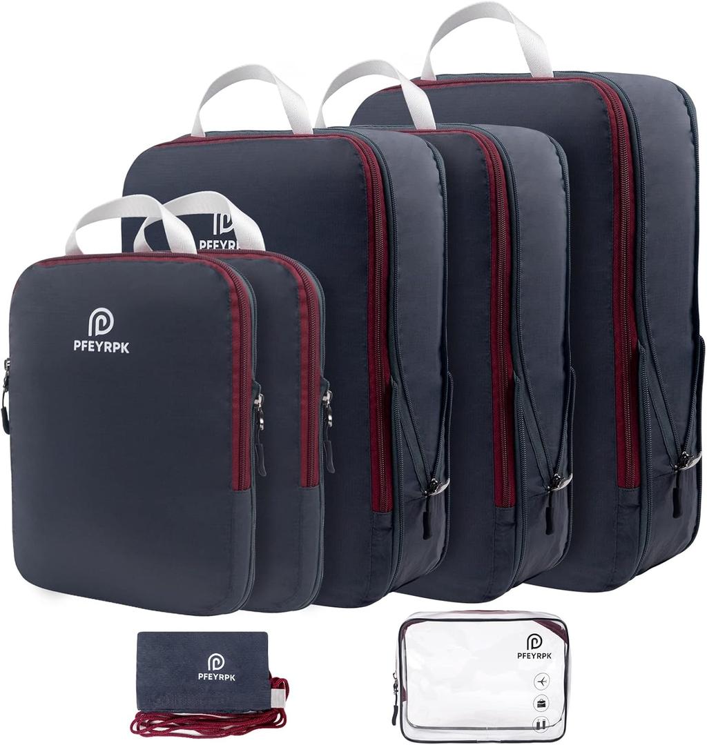 Lightweight Compression Packing Cubes for Suitcases, Compressible Expandable Travel Packing Organizer with Clear Toiletries and Backpack Bag, Travel Essentials for Carry on Luggage 7 Set (Black/brownish Red)