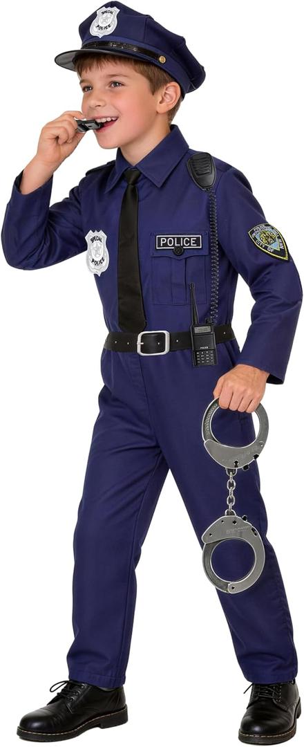 Police Costume for Kids Policeman Uniform for Boys Cop Suit for Girls Career Day Dress Up Role Play Halloween (Blue, L)