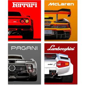 Modern Car Posters Classic Supercar Wall Art Prints, Cool Racing Ferrari Lamborghini McLaren Pagani Canvas Posters for Man Cave Boys Room Wall Decor, Sports Car Art Prints, Set of 4 (8"x10" Unframed)