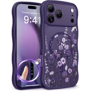 GVIEWIN for iPhone 17 Pro Max Case Compatible with MagSafe [Curly Wave Edge][Full Camera Protection] Floral Translucent Shockproof Magnetic Women Phone Case for 17 Pro Max, Dark Floratopia/Deep Purple