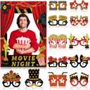 25 Pcs Movie Night Photo Booth Prop Kit Movie Night Party Decoration Theater Paper Glasses Theater Ticket Popcorn Photo Frame and Props for Showtime Backdrop Birthday Party Supplies