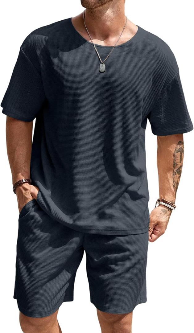 Vssjavun Mens Short Sets 2 Pieces Outfits Waffle Knit Lounge Set Short Sleeve Summer Casual Tracksuit (Large, Deep Grey)