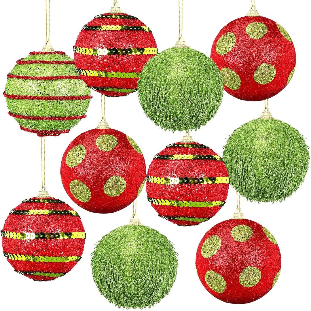 12 Pcs Christmas Tree Ball Ornament 3.15 Inch Red Green Glitter Lime Green Christmas Foam Ball Ornaments with Ropes Christmas Tree Hanging Baubles Decorations for Tree Xmas Decor Party Holiday
