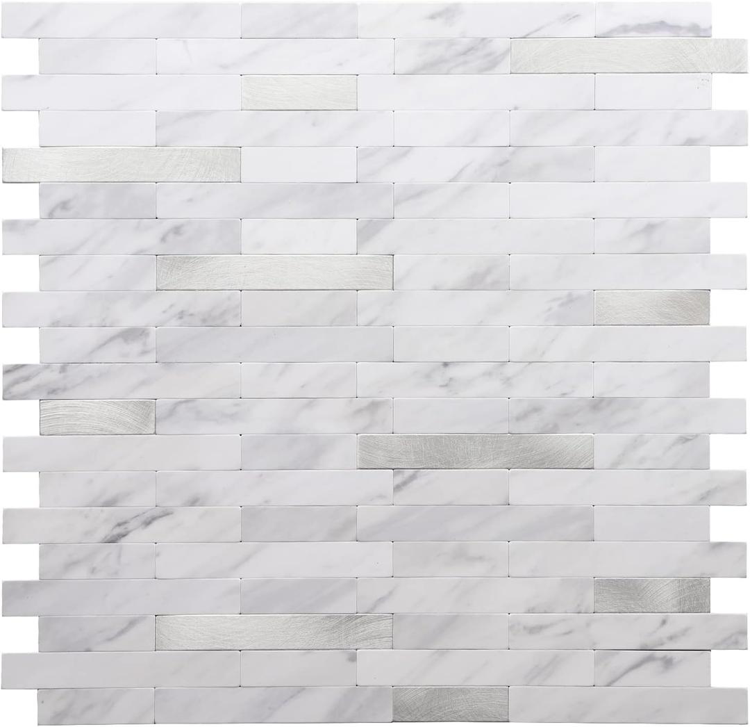 STICKGOO Peel and Stick Backsplash, PVC Wall Tiles Stick on Backsplash for Kitchen(5 Sheets, White Marble with Metal Silver)