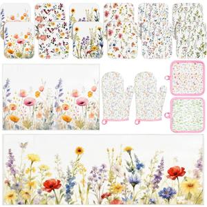 Teecyhooo 18 Pcs Wildflower Kitchen Decor Accessories Set 12 Dish Towels 2 Non Slip Rugs 2 Oven Mitts and 2 Pot Holders Floral Kitchen Decor for Women Mom Daughter Gift for Baking Cooking