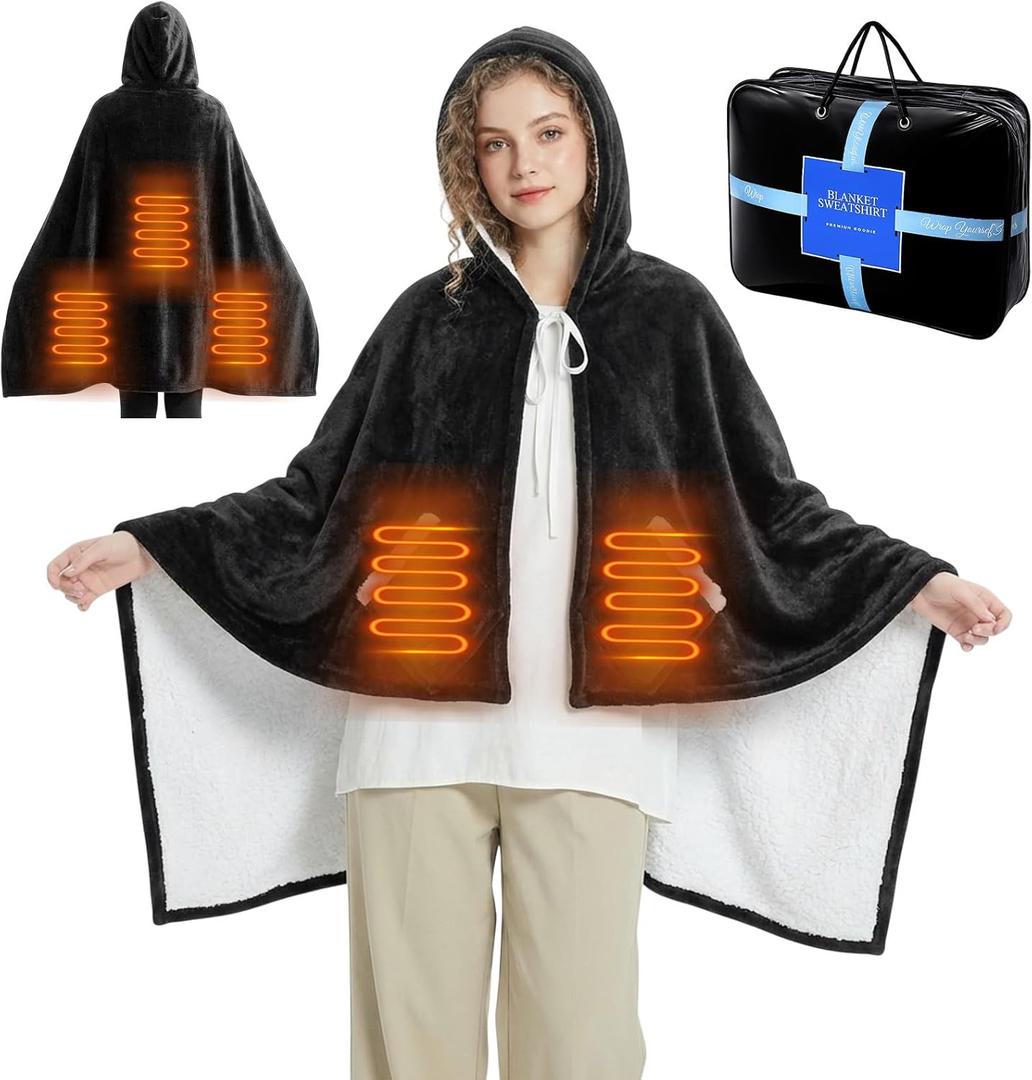 Wearable Electric Blanket with Hood and Pockets Electric Heated Wrap Shawl USB Heating Throw Blanket with Storage Bag 3 Heating Levels Setting Machine Washable for Cold Winter Warm