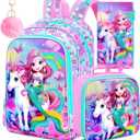 AGSDON 3PCS Mermaid Backpack for Girls, 16" Kids Backpacks Water Resistant with Lunch Box, Bookbag for Elementary Preschool (Fish Uni Rainbow)