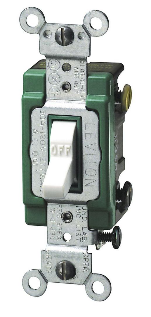 Leviton 30 Amp, 120/277 Volt, Toggle Double-Pole AC Quiet Switch, Extra Heavy Duty Spec Grade, Self Grounding, Back and Side Wired, 3032-2W, White