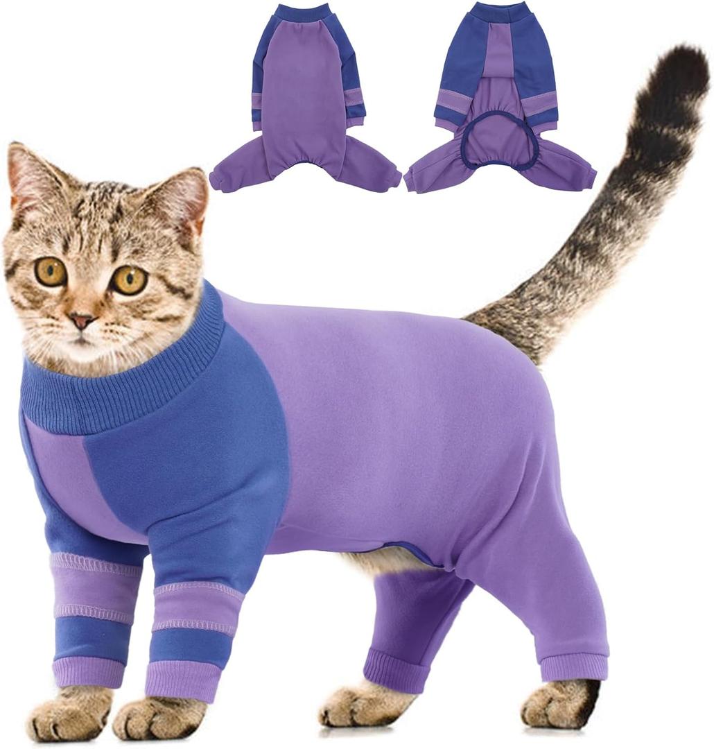 Sticky Hair Cat Clothes, Four-Leg Long Sleeve Cat Pajamas, Prevent Fur Shedding Kitten Onesie Shirts, Surgery Recovery Suit for Male Female, Wound Protection & Preventing Licking (X-Large, Purple)