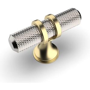 Amerdeco 10 Pack Brushed Satin Nickel Cabinet Knobs 2 Inch Length Single Hole T Bar Kitchen Cabinet Knob Knurled Cabinet Pulls for Drawer Dresser Cupboard ZH0025 (Nickel+gold)