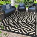 GENIMO 5x8 Outdoor Rug Waterproof, Reversible Mats, Area Rug, Plastic Outside Carpet, Geometric Rv Mat for Patio Camping Rv Picnic Backyard Deck Balcony Porch Beach Trailer (Black & Beige)