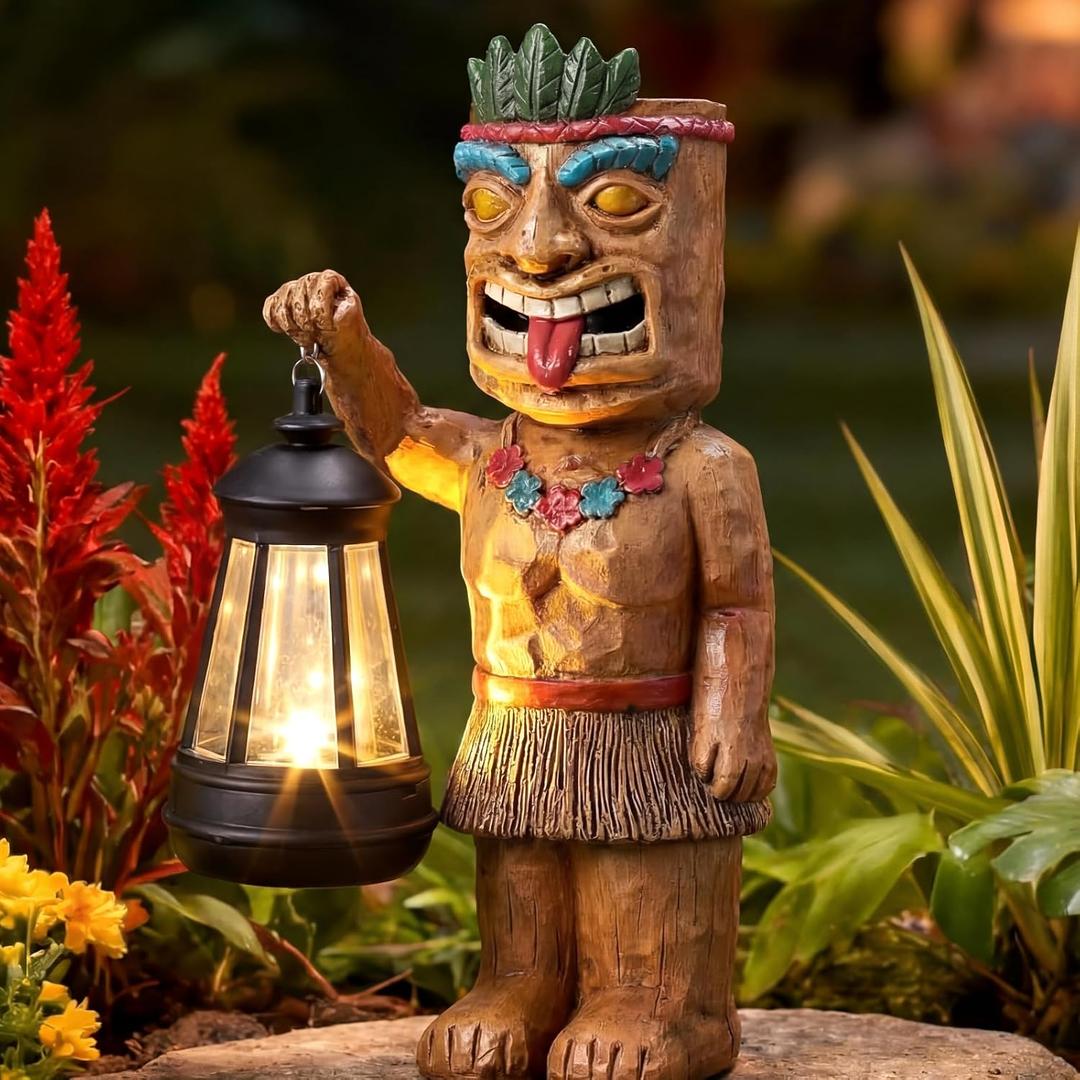 Tuanse 9.5" H Solar Tiki Statue Bar Decorations Outdoor Garden Patio Hawaiian Luau Tiki Figurine with Solar Lantern Light Tropical Summer Decor for Lawn Yard Pool Housewarming Birthday Funny Gift