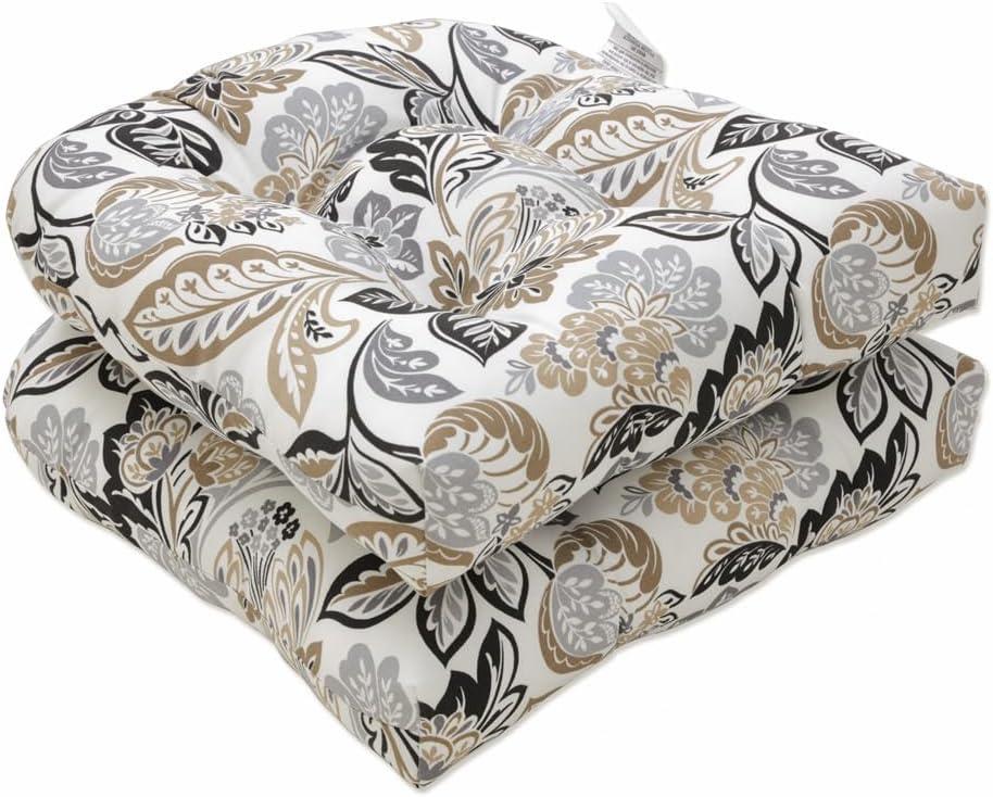 Pillow Perfect Floral Indoor/Outdoor Chair Seat Cushion, Tufted, Weather, and Fade Resistant, 19" x 19", Black/Tan Dailey, 2 Count