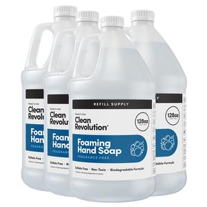 Clean Revolution Foaming Hand Soap Refill Supply Container, Ready to Use Formula, Gluten Free, Unscented and Fragrance Free, 128 Fl. Oz, 4 Pack