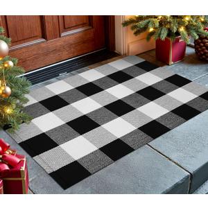 KOZYFLY Buffalo Plaid Area Rugs 2x3 Ft Black and White Checkered Rug Washable Front Door Mat Hand Woven Cotton Outdoor Rug Small Rug for Front Porch Kitchen Entryway Patio Bathroom