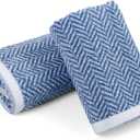 Cleanbear Hand Towels for Bathroom with Decorative Herringbone Stripes, 100% Cotton, 13 x 28 Inches, Light Blue, 2 Pack