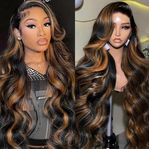 Highlight Ombre Lace Front Wig Human Hair Body Wave Lace Front Wigs Human Hair Pre Plucked 13x6 1B/30 Brown Highlight Wig 200 Density Colored 22 Inch Balayage Glueless Wigs for Women