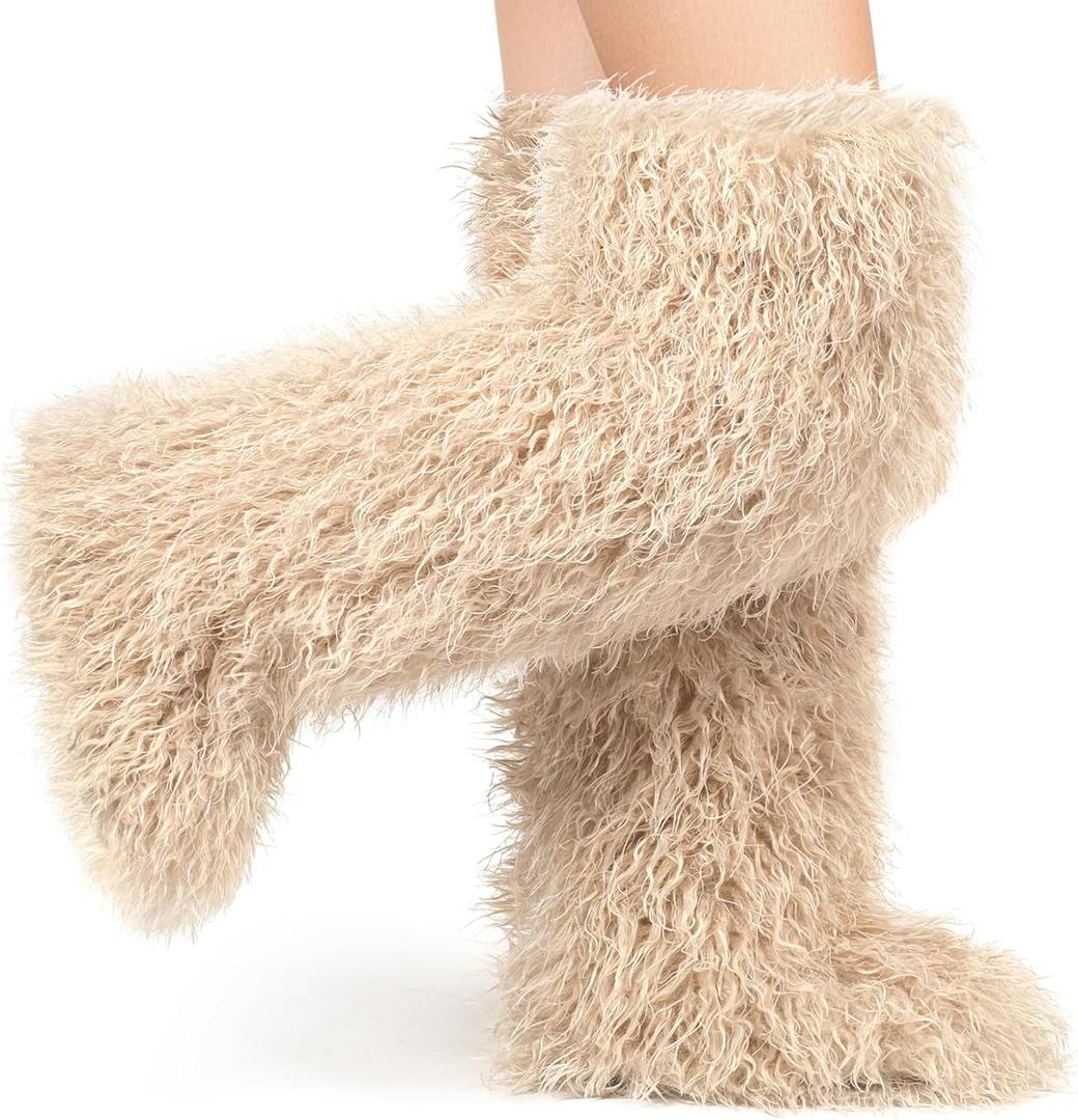 IXU Thigh High Fur Boots,Over the Knee Furry Boots for Women,Fuzzy Fluffy Tall Long Faux Boot Snow Winter Round Toe (9, Beige)