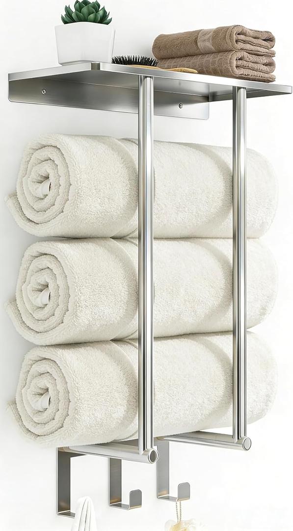 Towel Racks for Bathroom Wall Mounted, Bethom Towel Rack with Shelf and 3 Hooks, Brushed Nickel Towel Storage Holder Wall for Large Rolled Towels (Round Tube)