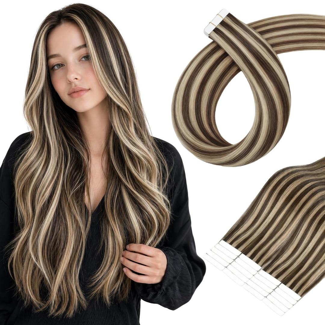 Brown Tape in Hair Extensions Human Hair, Brown Highlighted with Blonde, Invisible Seamless Tape for Hair Extensions Tape Ins Glue in Remy Human Hair, 18 Inch #P4/27 20pcs 50g