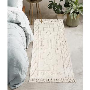 Uphome Boho Bathroom Runner Rug 2' x 4.3', Washable Woven Cotton Bedroom Rug Runners, Beige Aesthetic Tufted Entryway Runner Rugs, Bohemian Tribal Throw Rugs for Bedside Living Room Laundry Kitchen