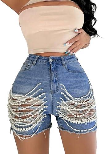 Unybwonn Denim Shorts Women Ripped Cutout Pearls Chain Jean Shorts Rhinestone Stretchy Distressed Raw Hem Tassels Shorts (X-Large, Blue)