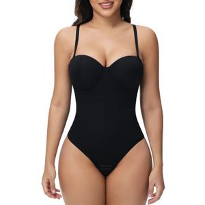 SHAPERIN Women's Tummy Control Shapewear Bodysuits Strapless Low Back Body Shaper with Built-in Bra & Removable Straps (Black)