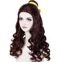 Wiggy Mermaid Prestyled Brown Curly Wig for Women + Yellow Ribbon + Detachable Bun, 60cm Long Brown Wavy Hair Wig with Wig Cap for Halloween Costume Cosplay