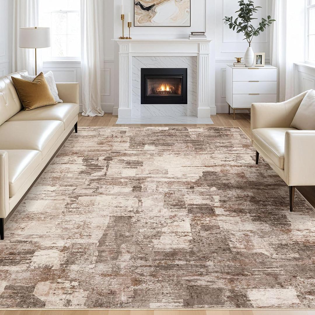 kakania Abstract 8x11 Area Rugs for Living Room: Washable Rugs Brown | Soft, Non-Slip, Low-Pile, Pet & Kid Friendly - Large Modern Home Decor Carpet for Bedroom/Dining Room/Office/Nursery
