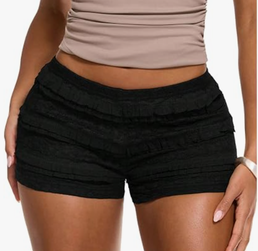 MakeMeChic Women's Ruffle Mini Shorts Crochet Layered Mesh Lace Micro Shorts, Size M